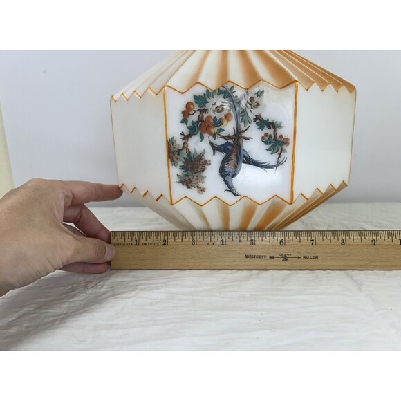 Vtg 30s Accordion Octagonal Frosted Orange‎ Birds Paradise Glass Swag Lamp Shade - Picture 13 of 16
